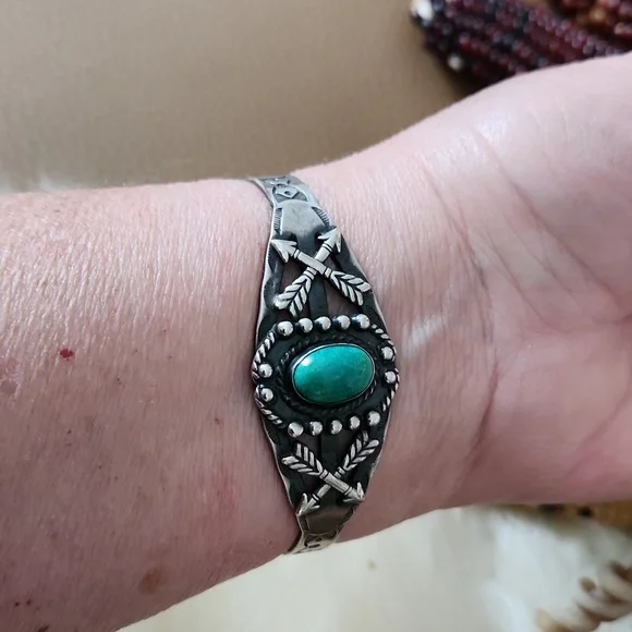 Cool Vintage Native American Turquoise Fred Harvey Cuff Bracelet 💚🎁🩶 - Picture 12 of 15